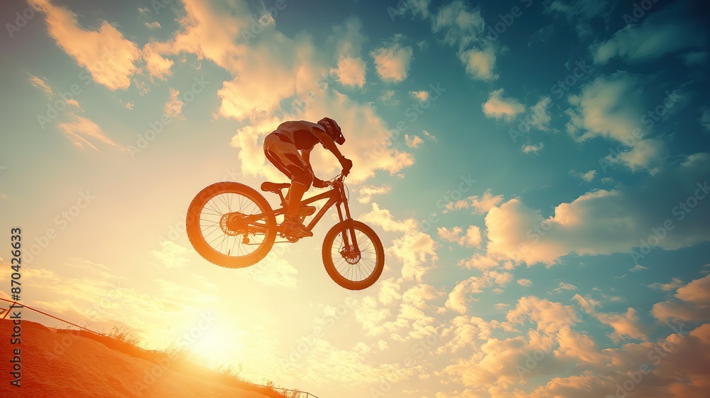 Obraz premium Mountain biker performing a jump during sunset with dramatic clouds in the background.
