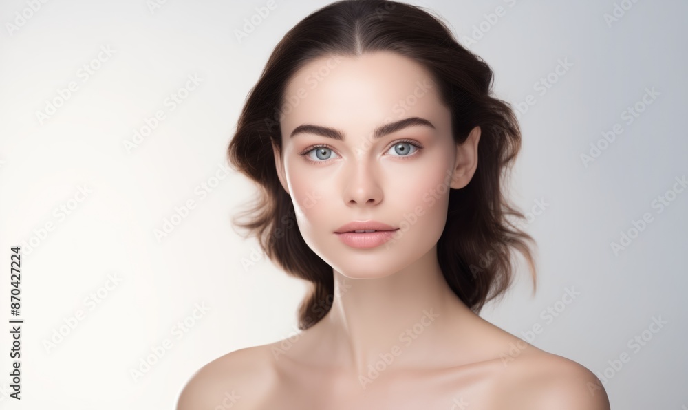 A delicate portrait of a young woman with flawless skin and makeup, showing natural beauty and skin care on a white background, ideal for beauty promotions. A delicate portrait of a young woman with flawless skin and makeup, showing natural beauty and skin care on a white background, ideal for beauty promotions.