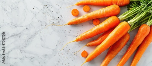 Ripe carrots, sliced and whole, displayed on a white marble surface for text placement in a flat lay copy space image.