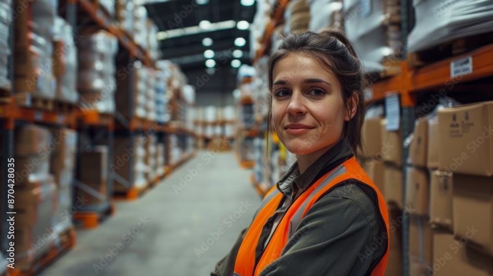 Happy female warehouse manager looking at camera Happy female warehouse manager looking at camera