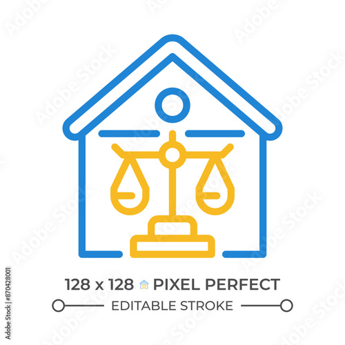 Property law two color line icon. Real estate legal owning. Housing regulation by legislative system bicolor outline symbol. Duotone linear pictogram. Isolated illustration. Editable stroke
