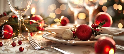 Festive Christmas table setting with xmas balls, fir branch, clean plate, napkin. Merry dinner scene in copy space image with no people.