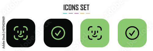 face id icon with check mark box icon with correct or accept. facial recognition and identification face scan line icon set, flat web sign symbol logo button. vector security concept