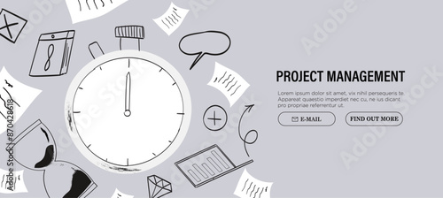 Project management process concept. Modern flat digital illustration of time management metaphor, a stopwatch, timeline and workflow. Creative vector illustration for web page, banner, poster, ads.