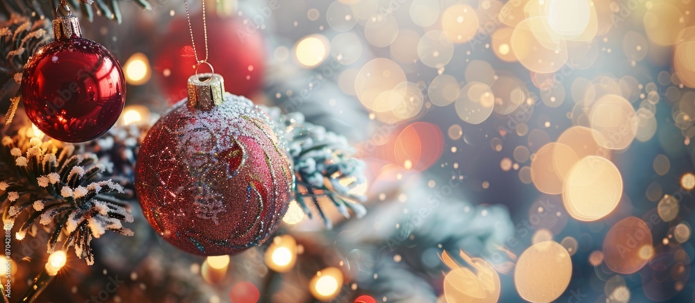 Close-up image of a Christmas decoration with copy space image showing festive ornaments on a decorated tree. Close-up image of a Christmas decoration with copy space image showing festive ornaments on a decorated tree.