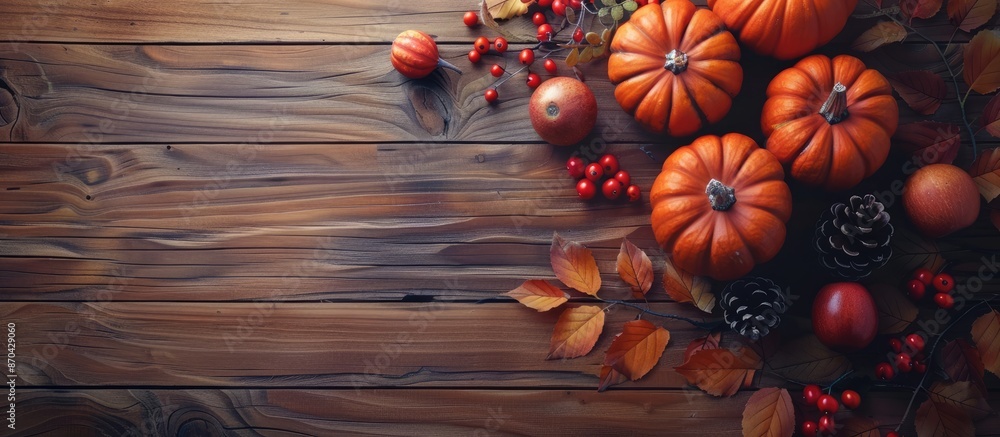 Naklejka premium Autumn-themed decorations with pumpkins, berries, and leaves set on a wooden background evoke a festive atmosphere perfect for Thanksgiving or Halloween. Top view composition with room for additional
