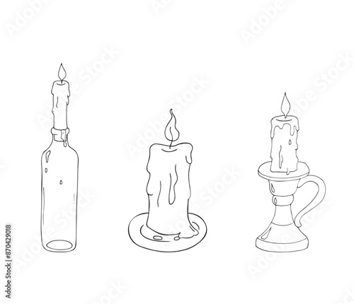 Magic set of candles.  Candles on a glass bottle, on a plate, and in a candlestick, isolated on a white background. Hand-drawn illustration.