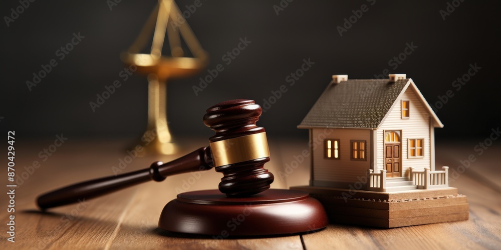 Gavel and House Model on a Wooden Surface Gavel and House Model on a Wooden Surface