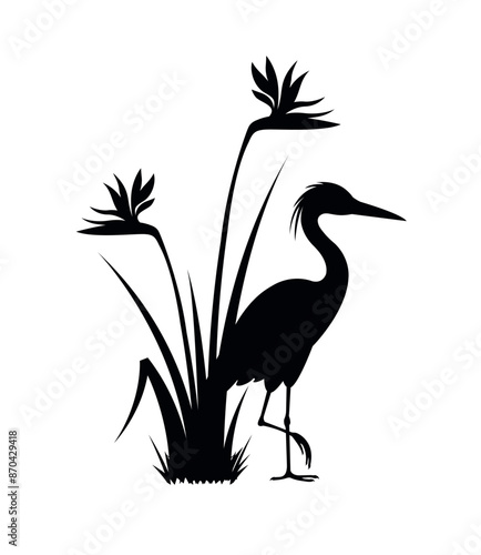 Heron and Strelitzia (bird of paradise) flowering bush silhouette, eps 10 format	
