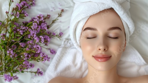 A tranquil woman with a towel wrapped around her head, resting on a spa bed with lavender flowers, showcasing serenity and relaxation.