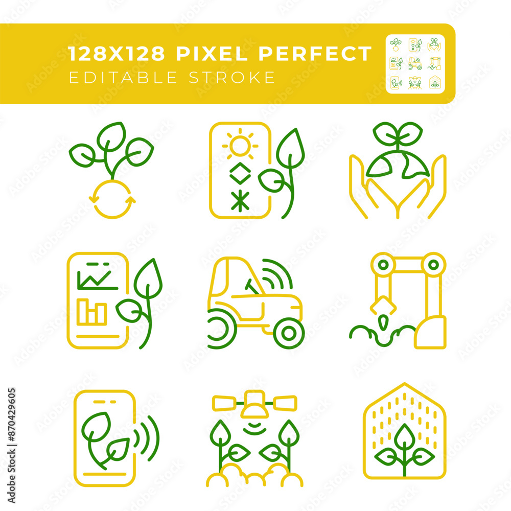 Fototapeta premium Future farming two color line icons set. Modern agriculture. High tech. Artificial intelligence. Smart farms bicolor outline iconset isolated. Duotone pictograms thin linear. Editable stroke