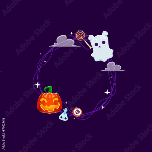 Halloween frame adorned with a funny ghost, grinning pumpkin, clouds, stars and an array of tempting sweets. Vector round empty festive border encapsulating festive and sweet spirit of the holiday