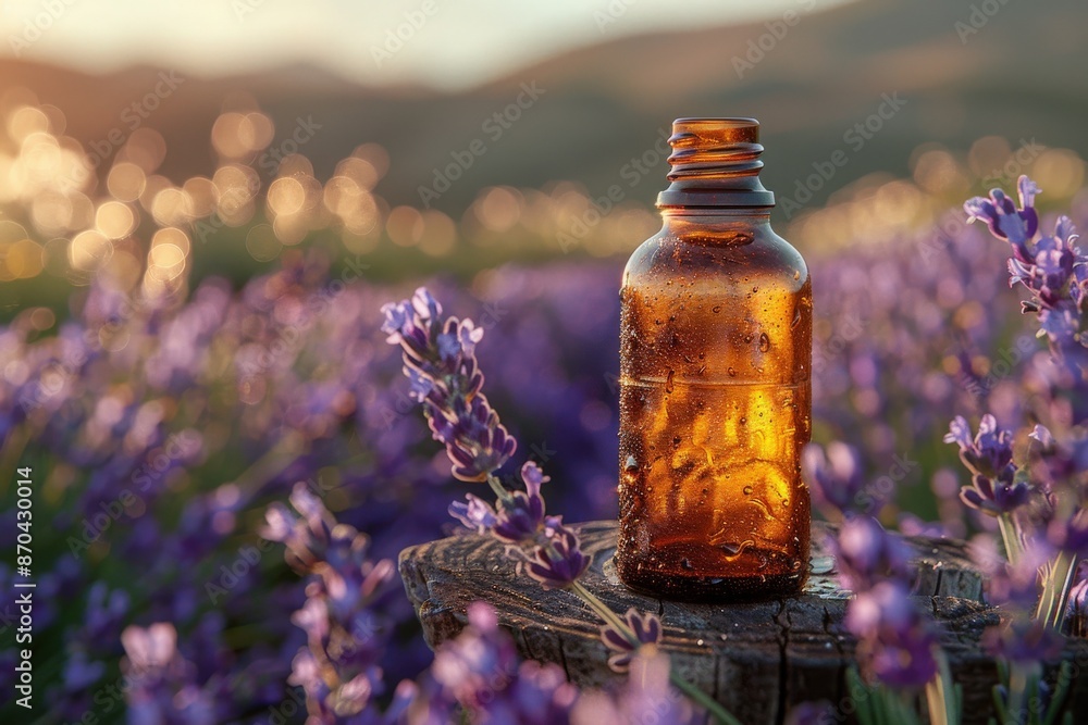 A close-up photo of a brown glass bottle filled with lavender oil resting on a weathered tree stump amidst a field of blooming lavender at sunset A close-up photo of a brown glass bottle filled with lavender oil resting on a weathered tree stump amidst a field of blooming lavender at sunset