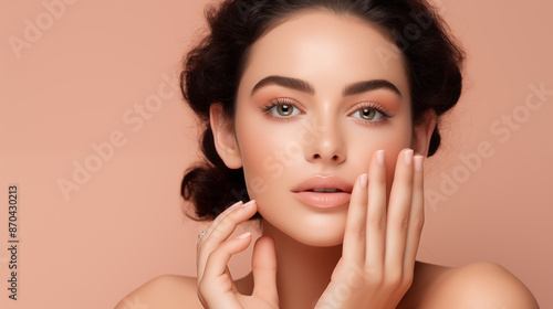 Woman with perfect skin and manicured nails touching her face against a peach background demonstrating flawless beauty and skincare.