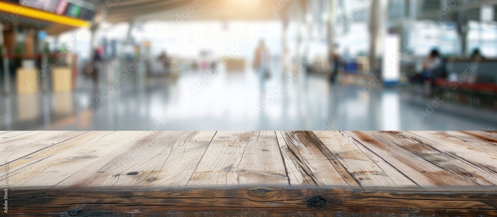 A clear wooden table with space for product display, set against a blurred airport passenger terminal background, ideal for a copy space image. A clear wooden table with space for product display, set against a blurred airport passenger terminal background, ideal for a copy space image.