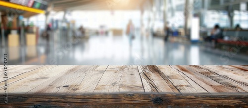 A clear wooden table with space for product display, set against a blurred airport passenger terminal background, ideal for a copy space image. © Ilgun