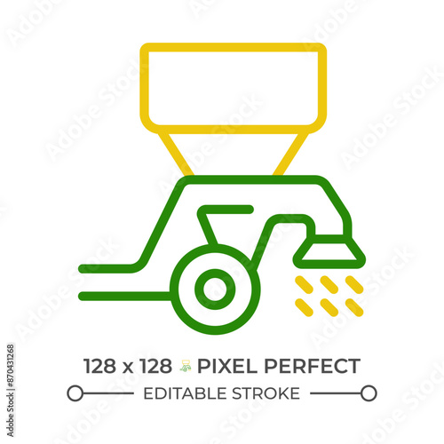 Seed drill two color line icon. Modern tractor. Farm equipment. Spreader machine. Broadcast seeder. Planting bicolor outline symbol. Duotone linear pictogram. Isolated illustration. Editable stroke
