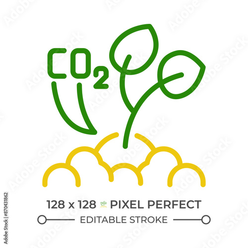 Sequestering carbon two color line icon. CO2 storage. Organic farming. Regenerative agriculture. Global warming bicolor outline symbol. Duotone linear pictogram. Isolated illustration. Editable stroke