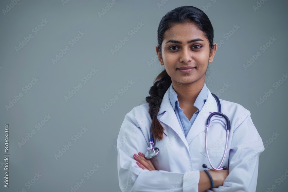 Indian female doctor in white coat with stethoscope smiling. Indian female doctor in white coat with stethoscope smiling.