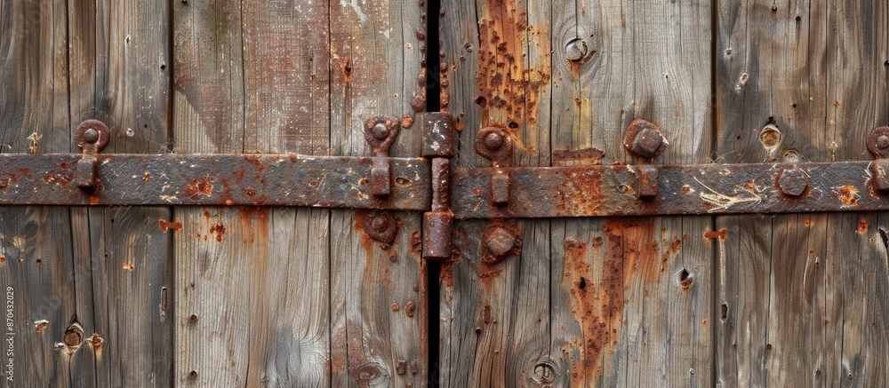 Background with old wooden boards featuring rusty hinges on decaying doors, creating a rustic setting with copy space image. Background with old wooden boards featuring rusty hinges on decaying doors, creating a rustic setting with copy space image.