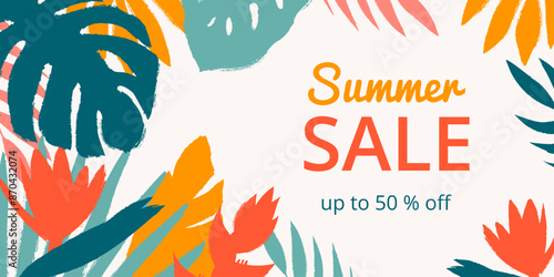 Sale horizontal banner with grunge textured tropic leaves and flowers and typography on white background. Summer concept. Trendy design for poster, background, advertisement, marketing