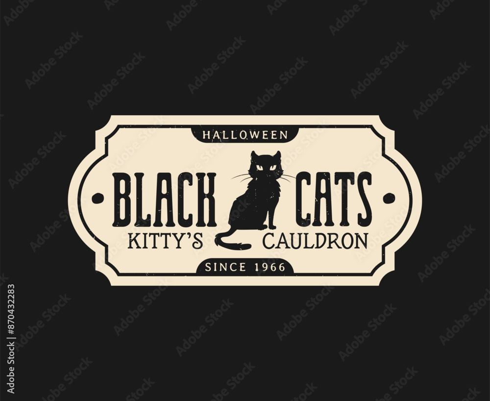 © Vector Tradition - Halloween potion bottle label with black cat. Autumn season brewery drink bottle sticker, October horror holiday or Happy Halloween party beverage grunge vector label with scary black cat character