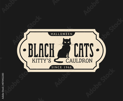 Halloween potion bottle label with black cat. Autumn season brewery drink bottle sticker, October horror holiday or Happy Halloween party beverage grunge vector label with scary black cat character