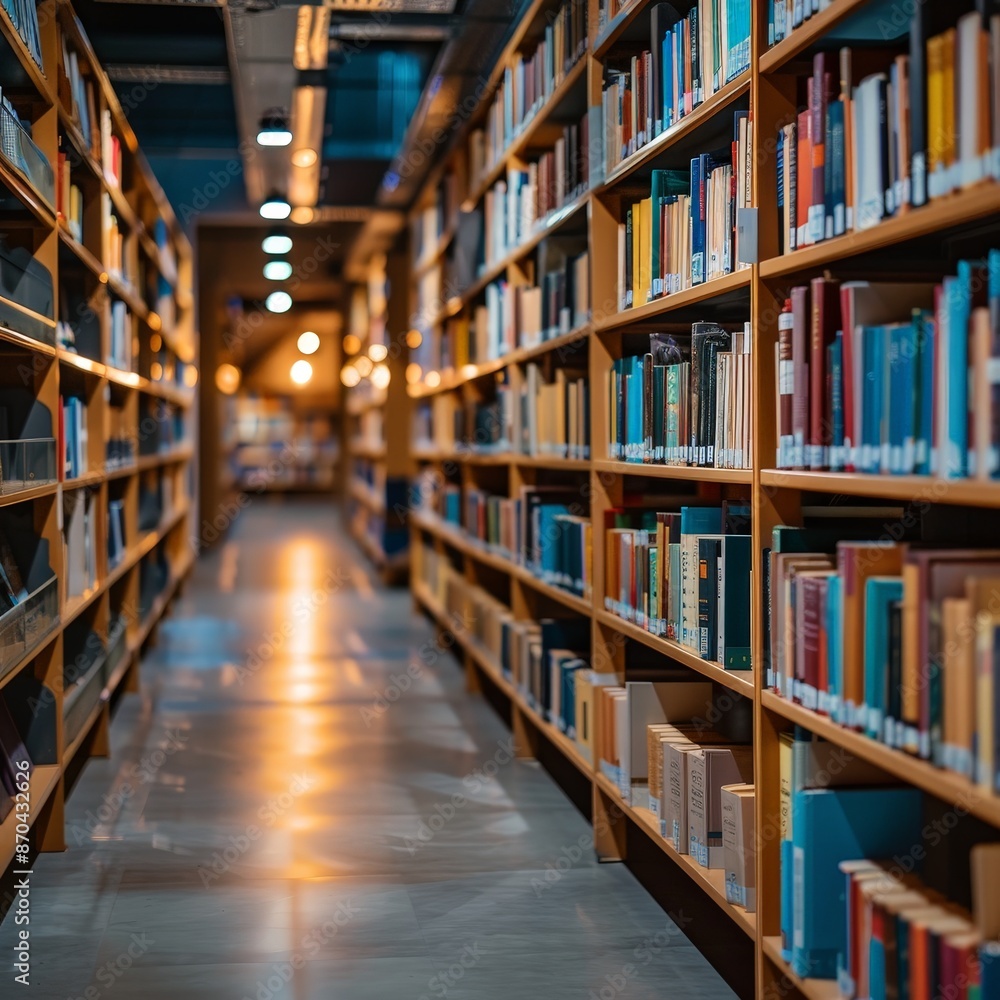 Focused Library Shelves in a Modern Setting Focused Library Shelves in a Modern Setting