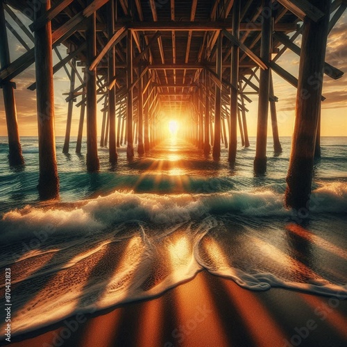 Under the Pier: The sun rising or setting as seen from under a beach pier, with beams and waves framing the view 001 photo