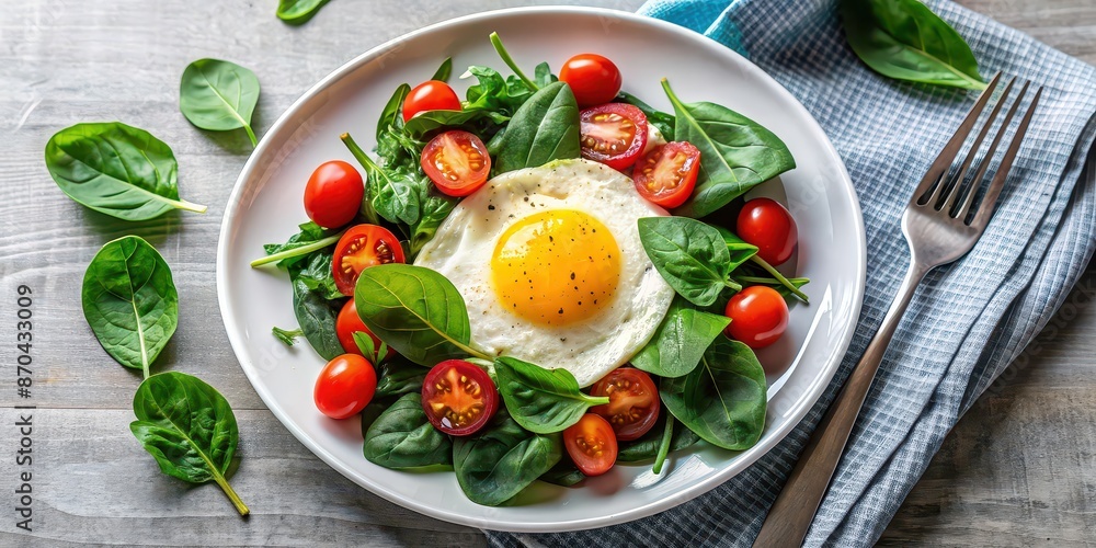 Fried egg with fresh spinach tomato salad for healthy breakfast, top view, fried egg, fresh, spinach, tomato, salad Fried egg with fresh spinach tomato salad for healthy breakfast, top view, fried egg, fresh, spinach, tomato, salad
