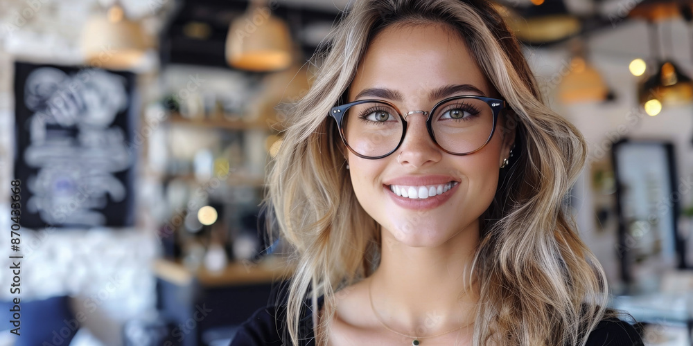 Portrait of happy business woman wearing glasses at workplace in office. Young handsome female worker using modern laptop Portrait of happy business woman wearing glasses at workplace in office. Young handsome female worker using modern laptop