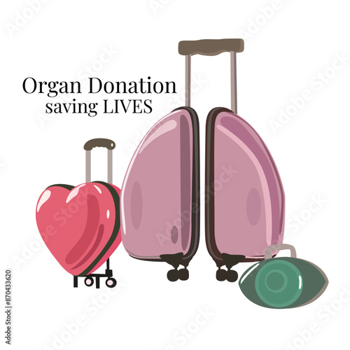 World Organ Donation Day social media post template. Saving Lives and Health Care. Flat vector organs in the form of travel bags. Vector heart, lungs, eye and inscription on a white background