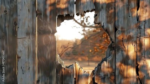 Rustic Wooden Fence with Hole Revealing Landscape photo
