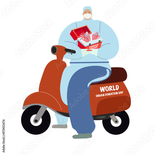 World Organ Donation Day. Organ transplantation box. Flat vector doctor in a medical uniform on a scooter with a medical box for organs. Doctor holding box with human organ for transplant