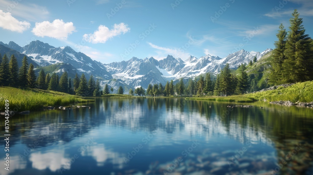 Tranquil Alpine Paradise: Clear Lake Reflecting Snow-Capped Peaks