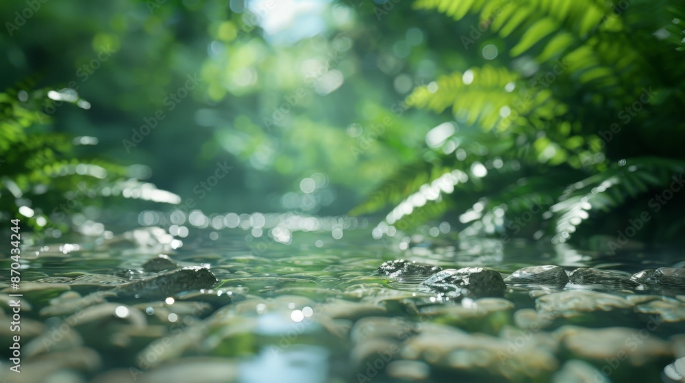 Fototapeta premium Serene Hidden Forest Stream with Clear Water Flowing Over Smooth Stones Among Lush Greenery