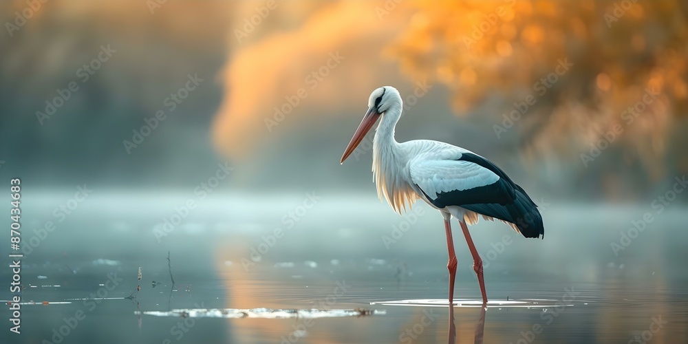 Obraz premium A tall stork with long legs and neck standing in water. Concept The majestic stork gracefully standing in the water