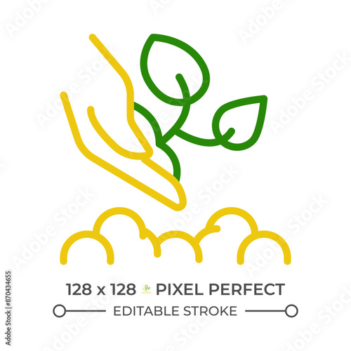 Replanting two color line icon. Transplanting seedling. Moving plant to another location. Growing season bicolor outline symbol. Duotone linear pictogram. Isolated illustration. Editable stroke