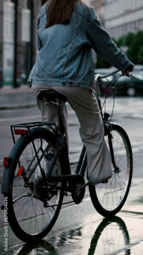 Back view of the girl in safety helmet riding bicycle in rainy evening city