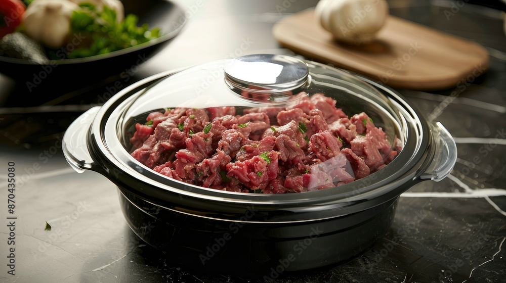 A Full-Frame Image Of A Glass-Lidded Slow Cooker Containing Raw Lean Minced Beef A Full-Frame Image Of A Glass-Lidded Slow Cooker Containing Raw Lean Minced Beef