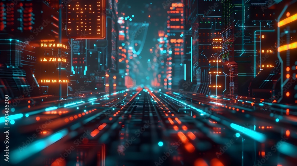 Futuristic Glowing Cityscape with Sleek Metallic Technological Matrix and Streams of Binary Data Futuristic Glowing Cityscape with Sleek Metallic Technological Matrix and Streams of Binary Data