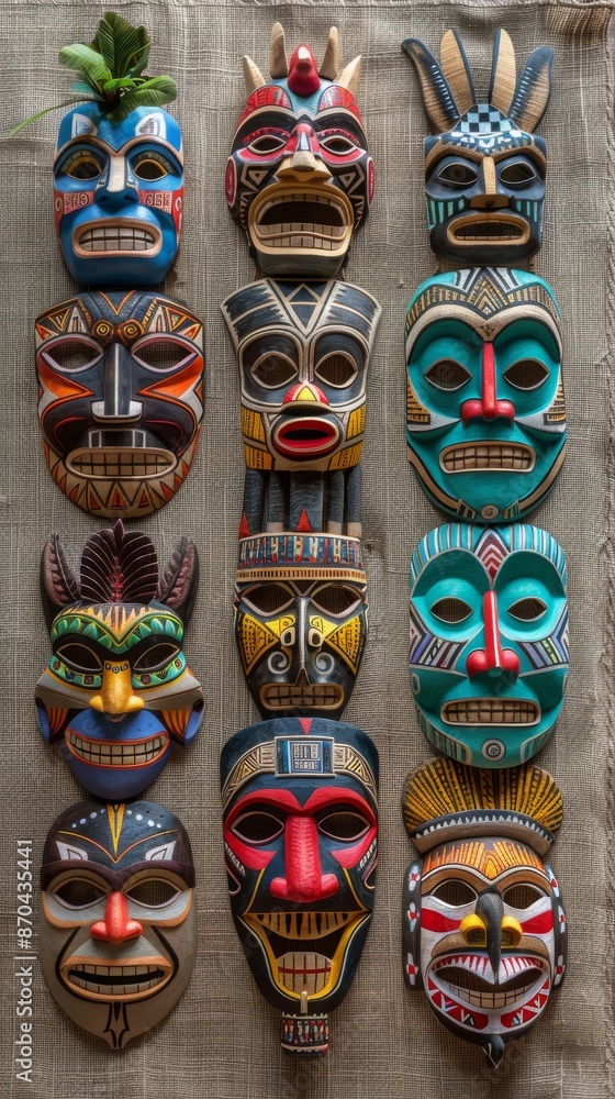 Colorful tribal masks displayed on burlap background Colorful tribal masks displayed on burlap background