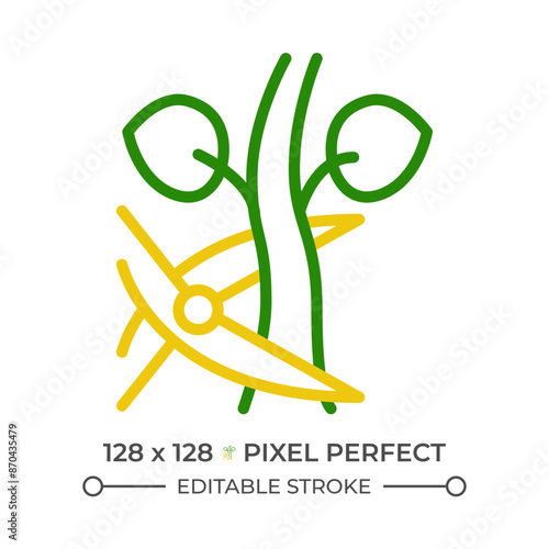 Pruning two color line icon. Removing unnecessary branches. Tree trimming. Plant growth. Garden shear. Farming bicolor outline symbol. Duotone linear pictogram. Isolated illustration. Editable stroke