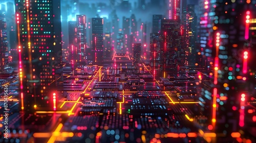 Glowing Cityscape of Neon lit Digital Circuits and Microchips