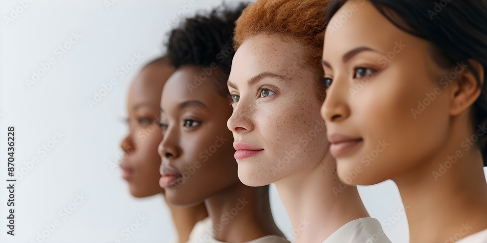 Fototapeta premium Diverse group of women with different skin tones and races in ad campaign. Concept Inclusive Marketing, Diversity Representation, Multicultural Advertising, Women Empowerment, High-fashion Modeling