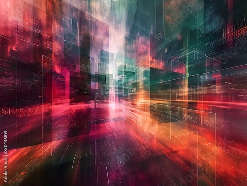 Luminous Digital Data Converging in Modular Cityscape