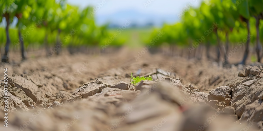 Dry cracked soil in vineyard during drought impacting grapevines highlighting water conservation. Concept Drought Impact, Water Conservation, Dry Soil, Vineyard, Grapevines Dry cracked soil in vineyard during drought impacting grapevines highlighting water conservation. Concept Drought Impact, Water Conservation, Dry Soil, Vineyard, Grapevines
