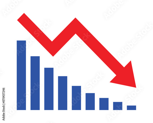 Red arrow going down stock icon on white background. Decrease, Bankruptcy, financial market crash icon for your web site design, logo, app, UI. graph chart downtrend symbol.chart going down sign.