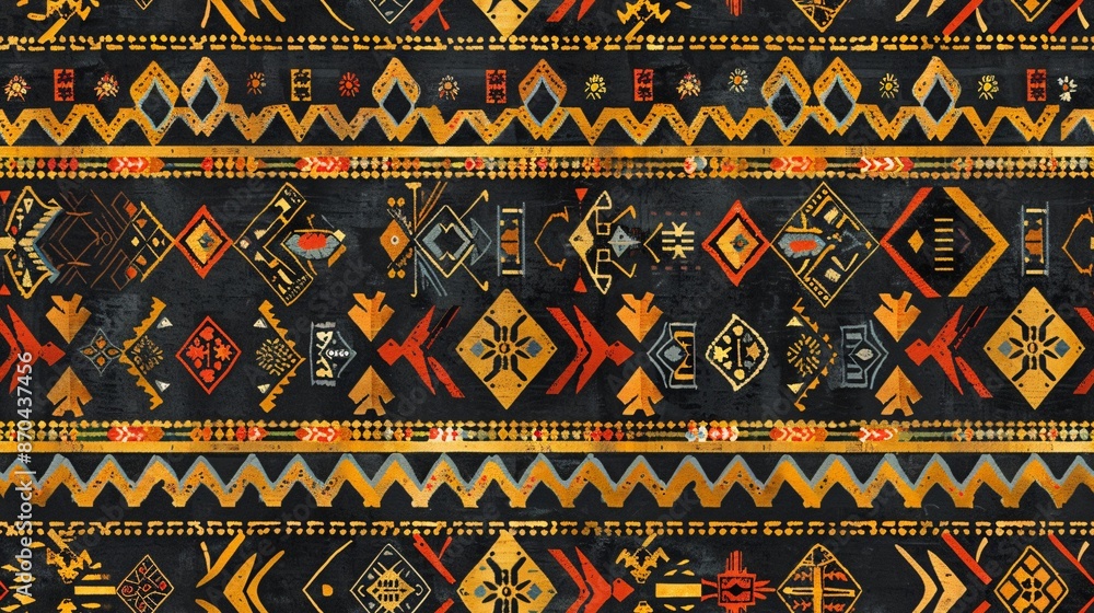 a seamless pattern of an African tribal textile with geometric patterns in green, yellow and brown colors, on dark background. The design incorporates warm tones and earthy hues, incorporating a seamless pattern of an African tribal textile with geometric patterns in green, yellow and brown colors, on dark background. The design incorporates warm tones and earthy hues, incorporating
