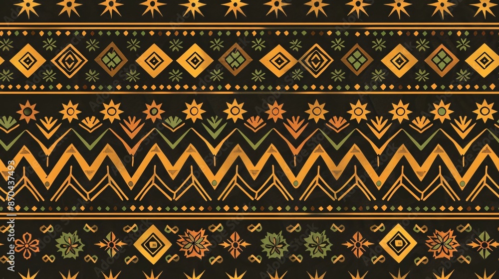 a seamless pattern of an African tribal textile with geometric patterns in green, yellow and brown colors, on dark background. The design incorporates warm tones and earthy hues, incorporating a seamless pattern of an African tribal textile with geometric patterns in green, yellow and brown colors, on dark background. The design incorporates warm tones and earthy hues, incorporating